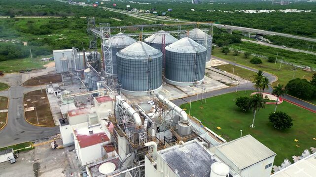 Aerial view of a modern corn processing plant and storage silos