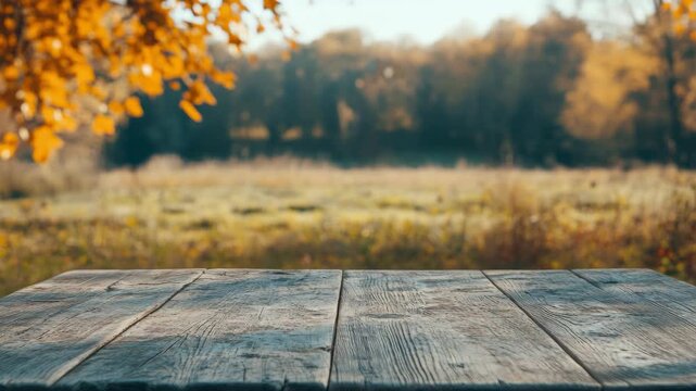 An old bench with slats in a field with falling leaves.