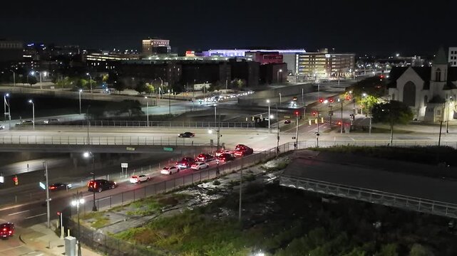 Wide Angle View of Downtown Detroit City Traffic at Night
