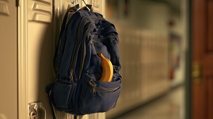 Naklejka premium A blue backpack hangs on a locker, a banana peeking out of its pocket