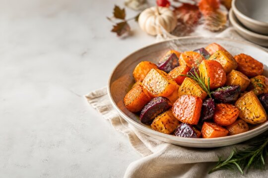 Roasted autumn root vegetables in ceramic bowl