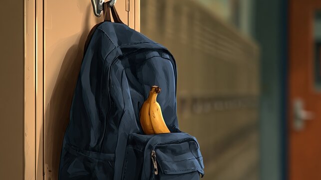 A navy backpack with a banana peeking out hangs in a school hallway