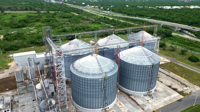 Aerial view of industrial corn processing plant silos