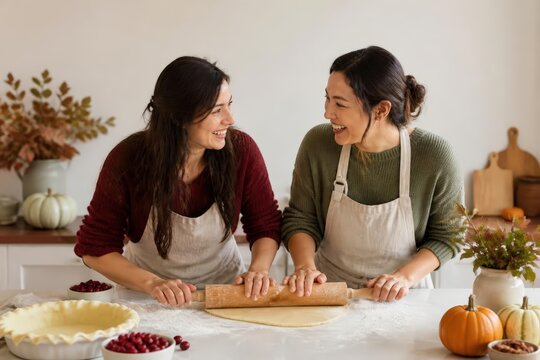Friends rolling pie dough together in a home kitchen