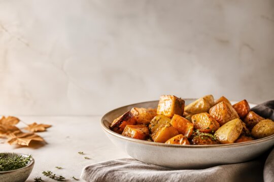 Bowl of roasted autumn root vegetables