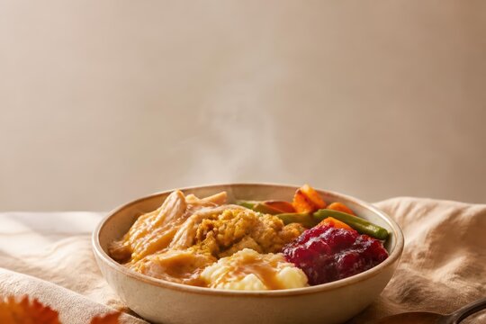 Thanksgiving dinner bowl with turkey gravy mashed potatoes