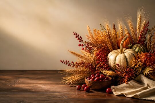 Autumn harvest arrangement with pumpkins and wheat
