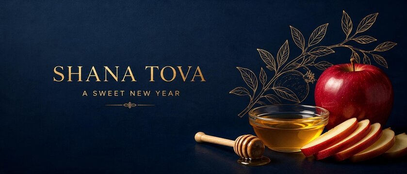 Shana Tova Rosh Hashanah Greeting Banner with Red Apple and Honey on Elegant Dark Blue Background, Jewish New Year 5787 Holiday Concept