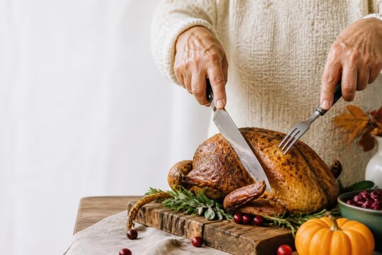 Hands Carving Roasted Turkey on Wooden Cutting Board