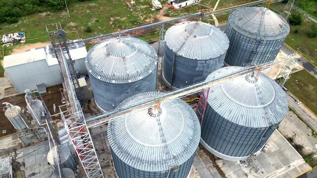 Aerial view of industrial agricultural silos for grain storage