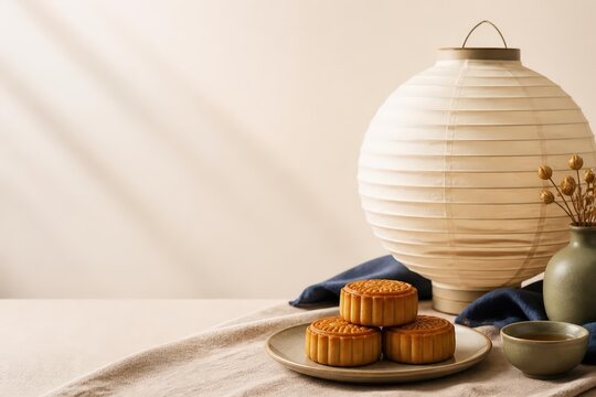 Mooncakes with paper lantern and tea on beige table