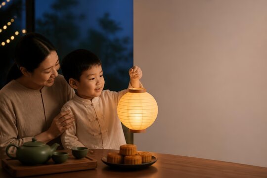 Mother and child holding glowing paper lantern indoors