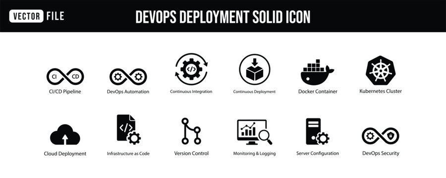 DevOps Deployment and Automation Icons for CI CD Pipeline Kubernetes Cloud Security Monitoring