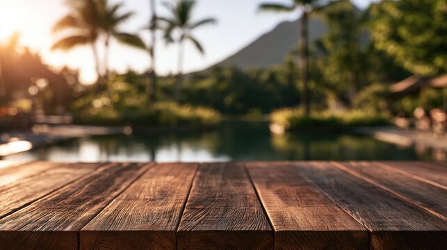 Sunlit wooden table with lush tropical pool and mountain backdrop