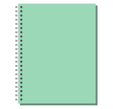 Green Letter portrait spiral page has black side coils, blank rectangular sheet, clean surface, and gray offset shadow. Useful for writing, study planning, desk organization, or digital stationery
