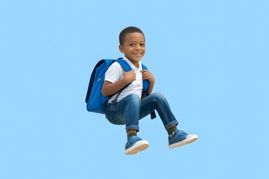 Happy schoolboy wearing a blue backpack with schoolboy backpack education