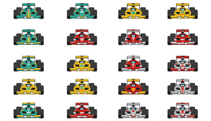 Fototapeta premium Grid of formula one racing cars in diverse colors and liveries viewed from the front position.