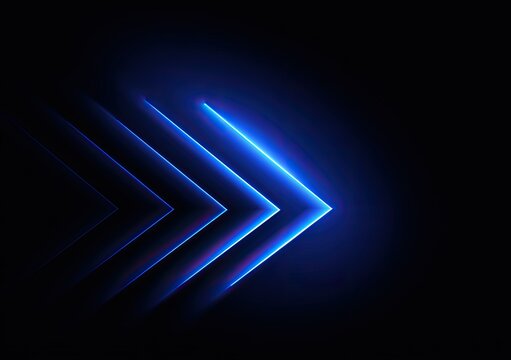 Neon blue arrows form layered chevron shapes on a black background