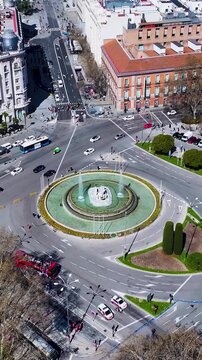 Neptuno Fountain In Madrid Spain. Aerial View Of A Bustling Downtown Cityscape With Modern Buildings. Landmark Town. Downtown Cityscape. Madrid Spain.