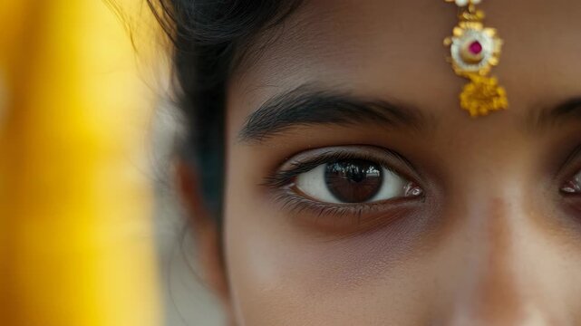A woman's face in focus with a traditional bindi on her forehead.