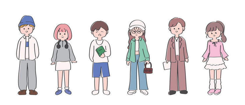 大学生のファッションコーディネートの可愛い手描きイラストセット