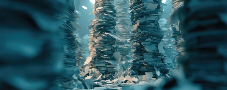 Towering stacks of paper create a disorienting, abstract, and overwhelming environment