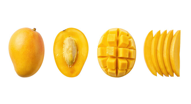 Collection of whole and sliced yellow ripe mango with diced cubes