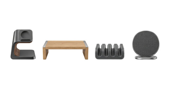 Set of modern desk organization accessories and wireless charging devices
