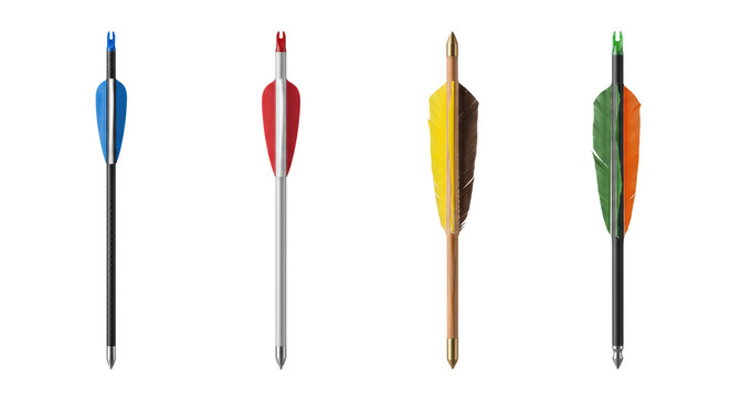 Set of traditional and modern target archery arrows with colored fletching