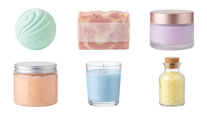 Collection of luxury bath and spa cosmetics with handmade soap and candle