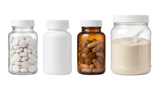 Set of pharmaceutical containers with pills tablets and protein powder