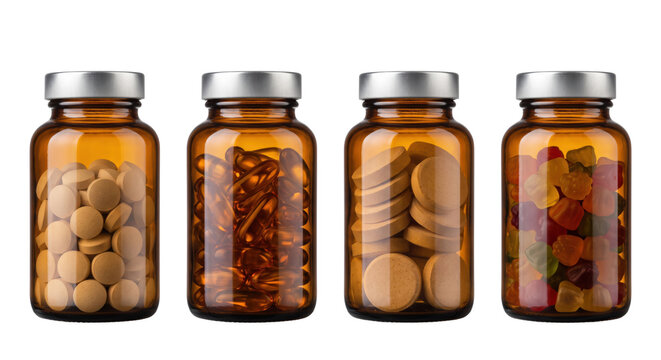 Set of amber glass medicine bottles with assorted pills capsules and gummy vitamins