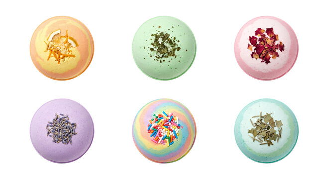 Collection of colorful scented bath bombs decorated with dried flowers and herbs
