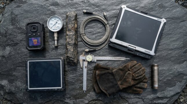Geothermal monitoring tools arranged on dark slate with a thermal camera, pressure gauge, rock core sample, fiber-optic sensor, and borehole casing.