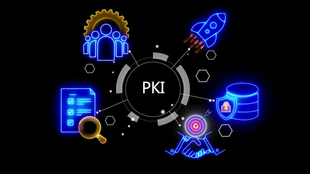 Neon glowing infographic concept featuring the pki standard acronym surrounded by digital like a rocket, database, magnifying glass, and team gear on a dark background, for business technology
