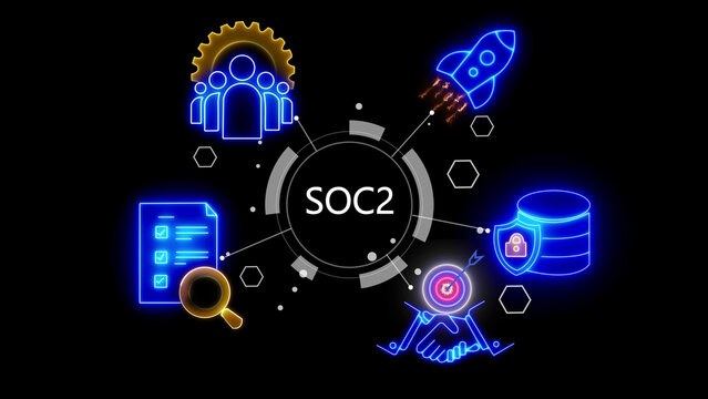 Neon glowing infographic concept featuring the soc2 standard acronym surrounded by digital like a rocket, database, magnifying glass, and team gear on a dark background, for business technology