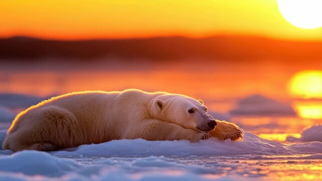 A polar bear lies on ice during the sunset.