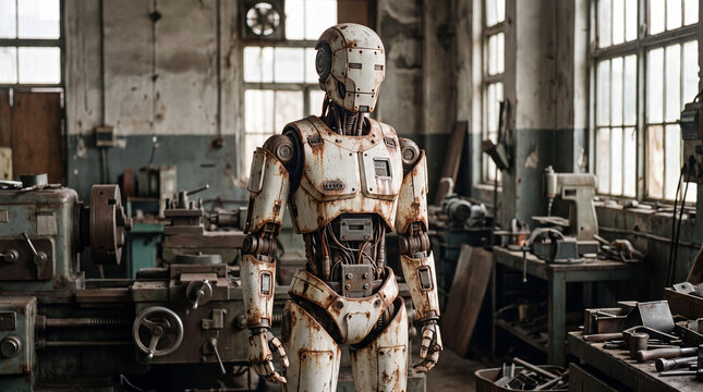 Humanoid Robot in Old Industrial Workshop