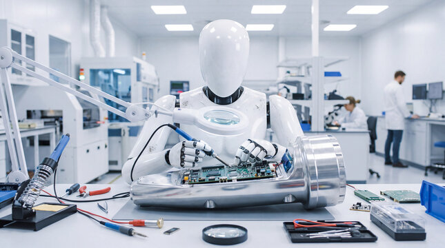 Humanoid Robot Repairing Electronics in High Tech Laboratory