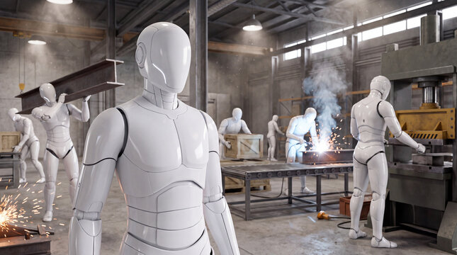 Humanoid Robots Working in Futuristic Industrial Factory