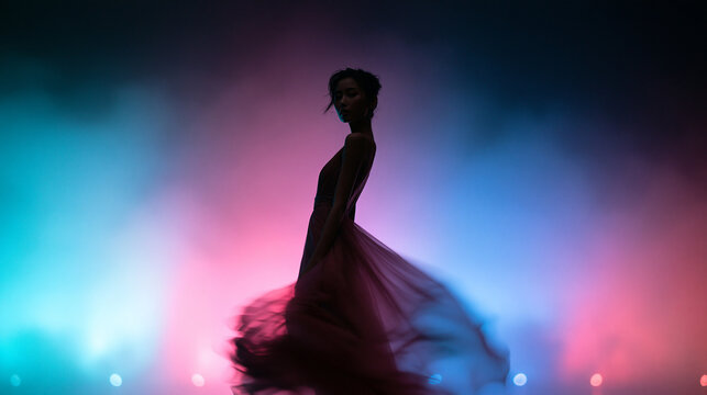 Elegant Woman Dancing in Flowing Gown with Stage Lighting