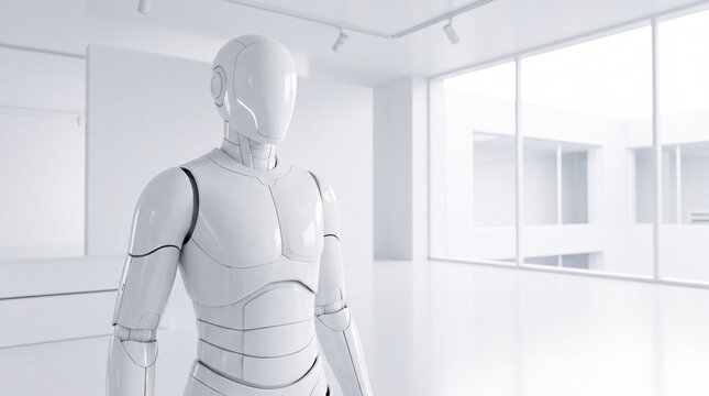 White Humanoid Robot Standing in Bright Modern Office