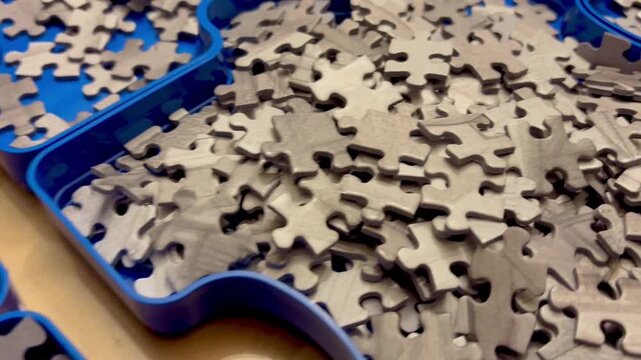 Close-up camera move across jigsaw pieces in sorting trays
