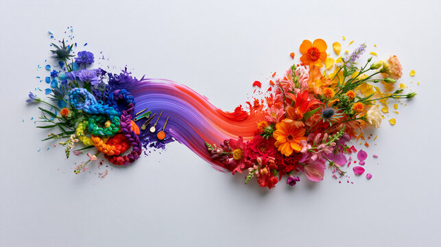Rainbow Floral Wave with Paint Brushstroke on White Background