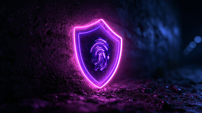 Biometric Security Shield with Glowing Neon Fingerprint Icon