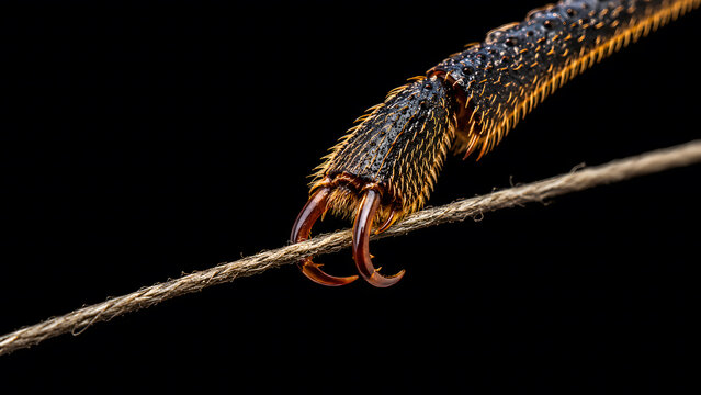 Beetle Leg Tarsal Claws Gripping a Fiber Thread in Macro View