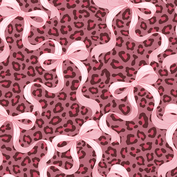 Pink bows on a dusty rose leopard print background. Feminine seamless pattern with flowing ribbons and bold animal print for fashion, fabric, textiles, and wrapping paper.
