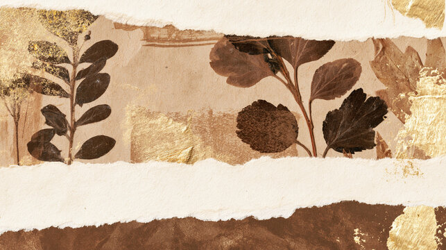 Autumn Botanical Torn Paper Collage with Gold Foil Texture