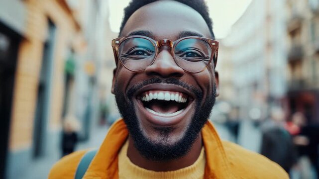 A man with glasses and a beard, laughing and smiling brightly on a street.
