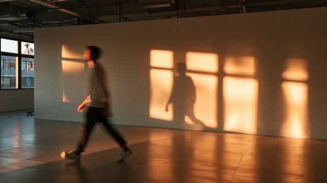Blurred Person Walking Past Sunlit Wall at Sunset